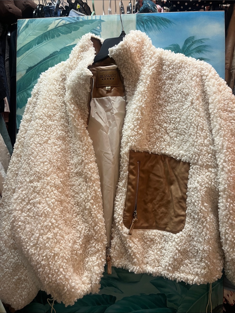 Blank NYC Cream Teddy Jacket with Tan Pocket Detail size 1X